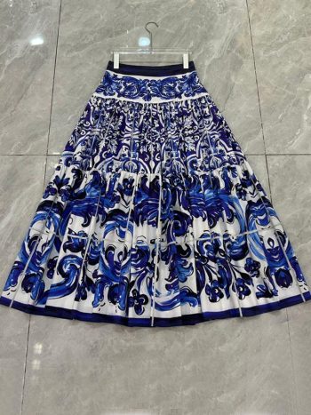 100% De Algodón Spring Spring Autumn Women Fashion Fashion Blue Purcelain Impresión De Media Fiesta Vacaciones Vacaciones Expansión