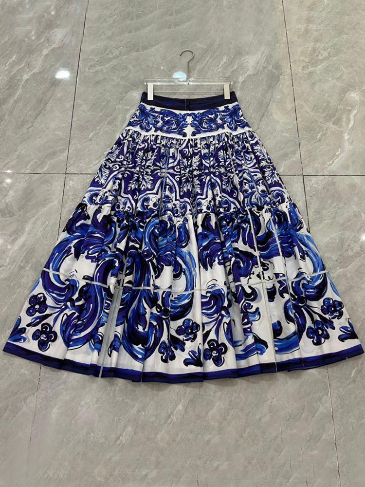 100% De Algodón Spring Spring Autumn Women Fashion Fashion Blue Purcelain Impresión De Media Fiesta Vacaciones Vacaciones Expansión - Imagen 2