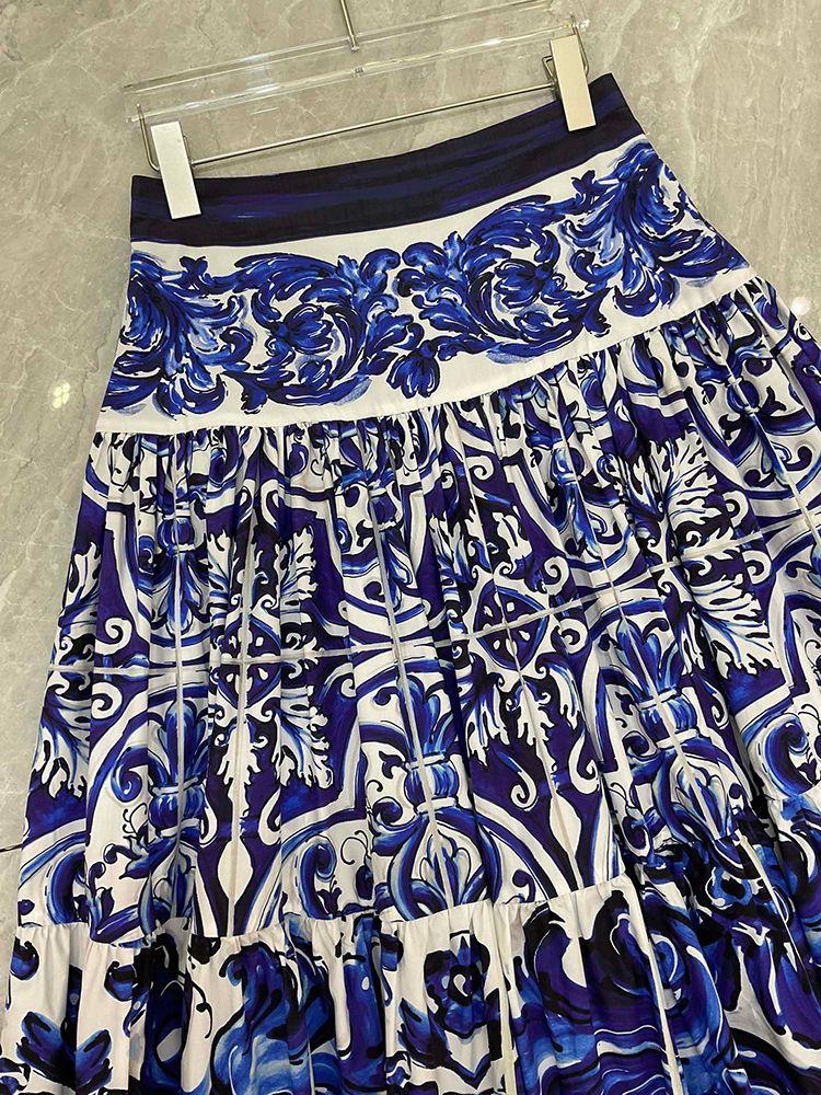 100% De Algodón Spring Spring Autumn Women Fashion Fashion Blue Purcelain Impresión De Media Fiesta Vacaciones Vacaciones Expansión - Imagen 3