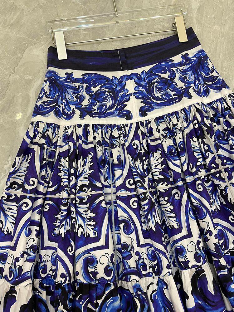 100% De Algodón Spring Spring Autumn Women Fashion Fashion Blue Purcelain Impresión De Media Fiesta Vacaciones Vacaciones Expansión - Imagen 4