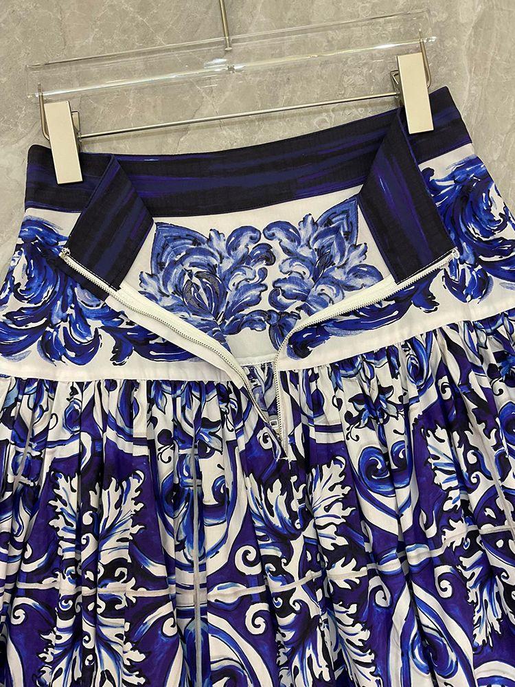 100% De Algodón Spring Spring Autumn Women Fashion Fashion Blue Purcelain Impresión De Media Fiesta Vacaciones Vacaciones Expansión - Imagen 5