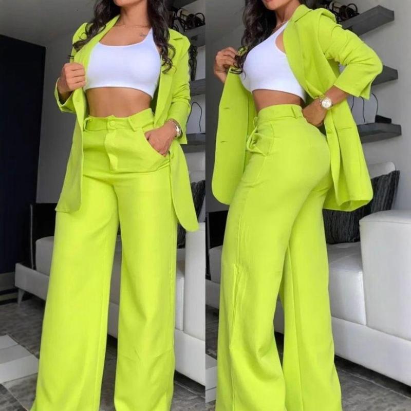 2024 Blazer De Solapa De Manga Dividida Elegante De Color Sólido A La Moda Para Mujer Con Bolsillos Insertados Conjunto De Pantalones Rectos