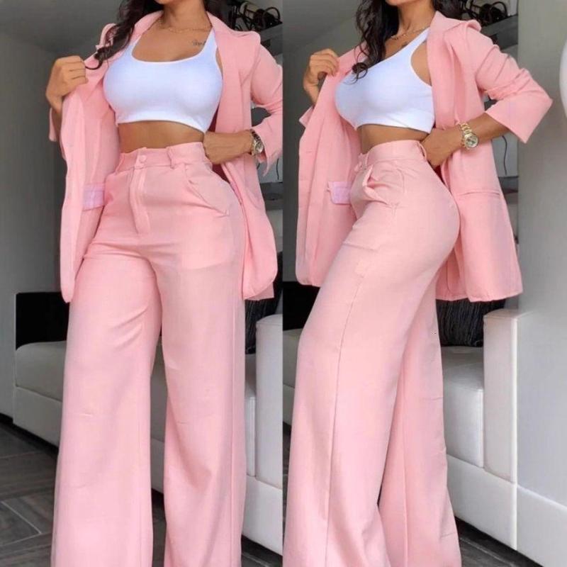 2024 Blazer De Solapa De Manga Dividida Elegante De Color Sólido A La Moda Para Mujer Con Bolsillos Insertados Conjunto De Pantalones Rectos - Imagen 2