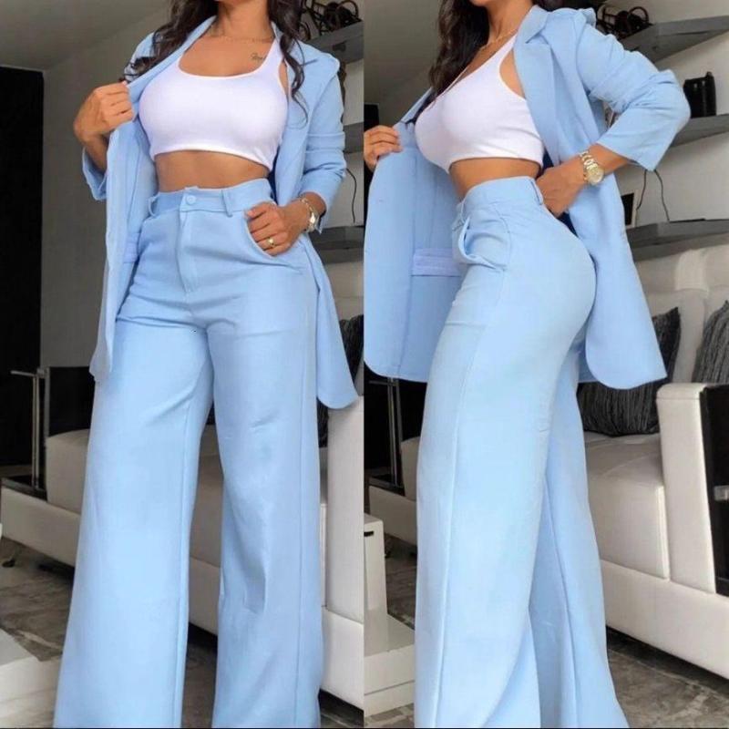 2024 Blazer De Solapa De Manga Dividida Elegante De Color Sólido A La Moda Para Mujer Con Bolsillos Insertados Conjunto De Pantalones Rectos - Imagen 3