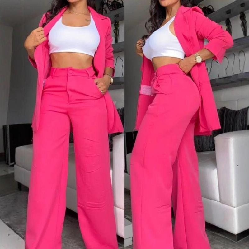 2024 Blazer De Solapa De Manga Dividida Elegante De Color Sólido A La Moda Para Mujer Con Bolsillos Insertados Conjunto De Pantalones Rectos - Imagen 4