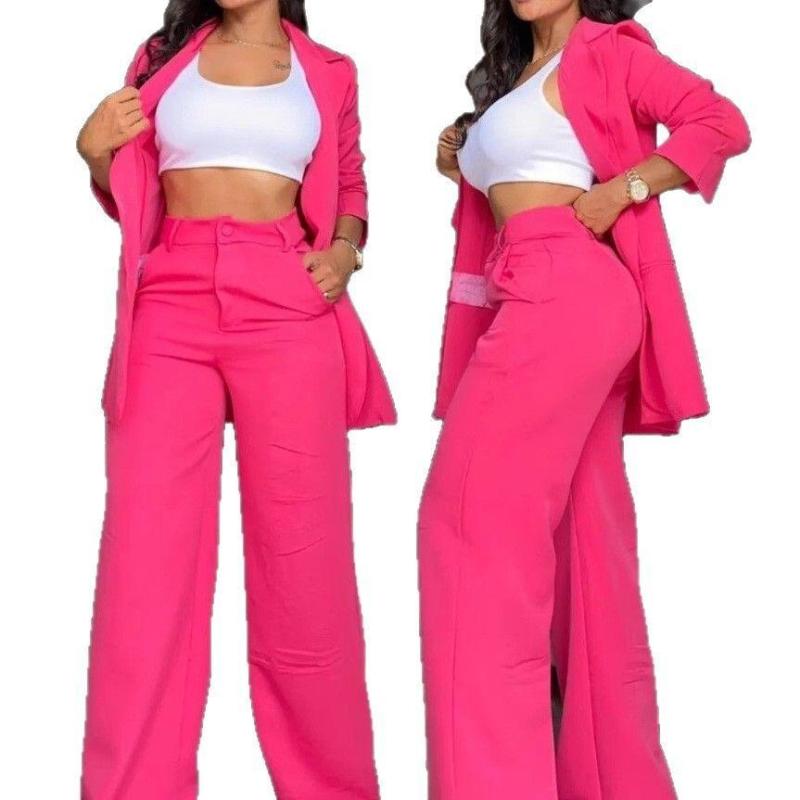 2024 Blazer De Solapa De Manga Dividida Elegante De Color Sólido A La Moda Para Mujer Con Bolsillos Insertados Conjunto De Pantalones Rectos - Imagen 5