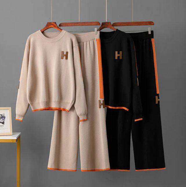 2025 Conjunto De Moda De Punto, Top Con Cuello Redondo, Pantalones De Chándal Informales Sueltos, Estilo De Mujeres