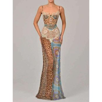 2026 Estampado De Leopardo De Encaje Dividido Sexy Maxi Vestido De Mujer Almazuela Elegante Gasa Sin Mangas Espalda Descubierta Vestido De Noche De Playa