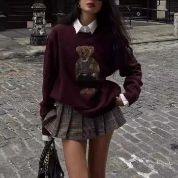 Autumn&winter Suéter Tejido Mujer Osito Bordado Cuello Redondo Ajuste Ceñido Estilo Universitario