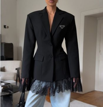 Blazer Femenino Casual De Moda Con Diseño Francés Negro, Encaje, Ajuste Entallado, Para Oficina, Primavera Otoño