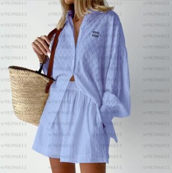 Conjunto 2 Piezas Mujer Para Verano Camisa Holgada Texturizada Y Shorts Talle Alto Ropa Casual Cómoda