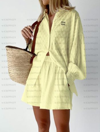 Conjunto De Traje Informal De 2 Piezas De Verano Para Mujer: Camisa De Manga Larga Con Botones Calados + Pantalones Cortos De Cintura Alta