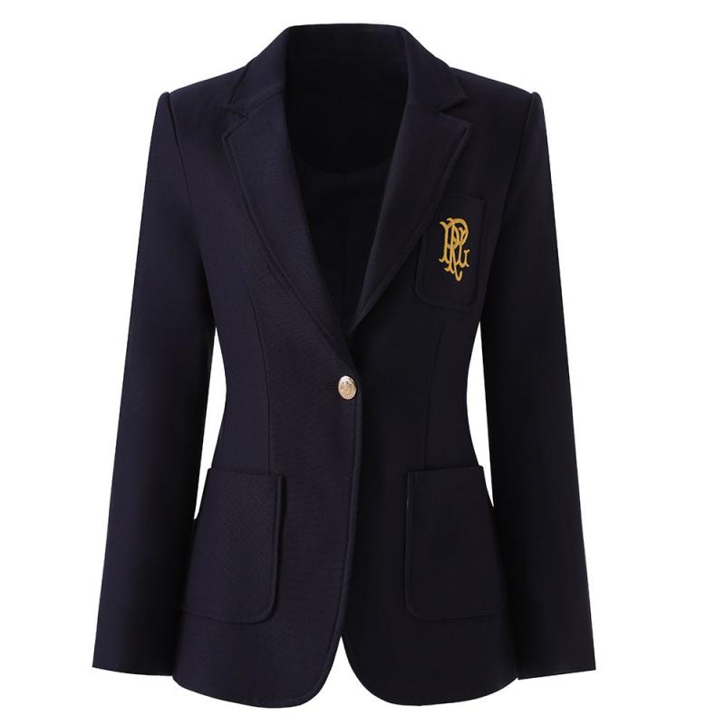 Dc1705 Blazer Mujer Diseñador Azul Marino Botón único Clásico Entallado Formal Negocio Primavera Otoño