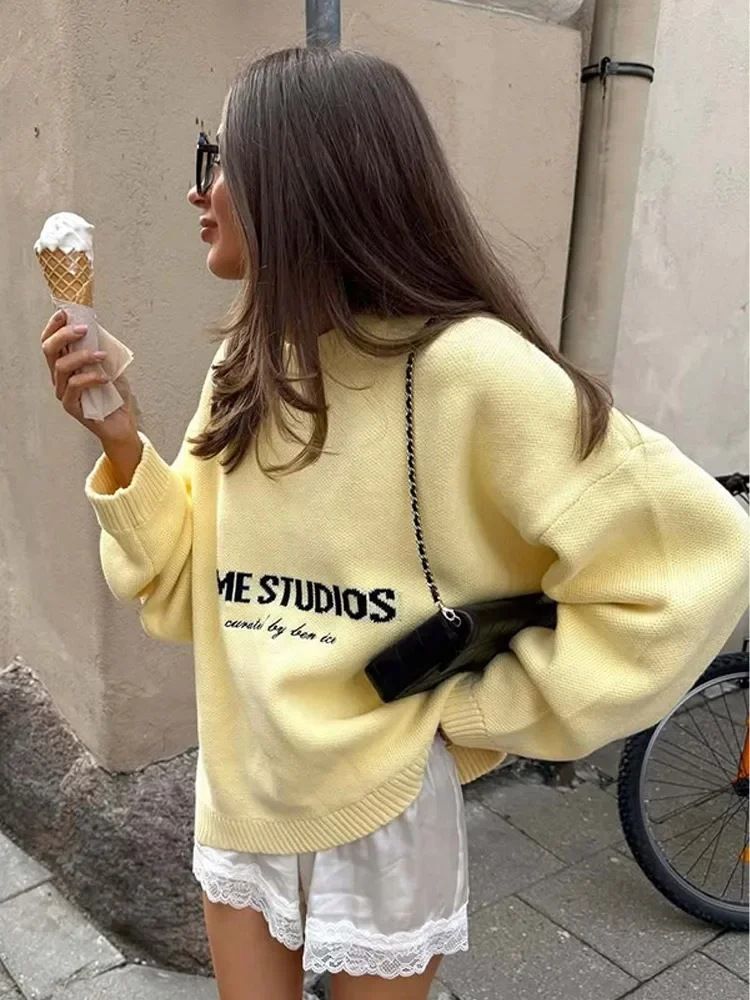 Designer Luxury Eme Stu Ropa De Mujer Casual Elegante De Punto Con Letras Bordadas Manga Larga Hombro - Imagen 3