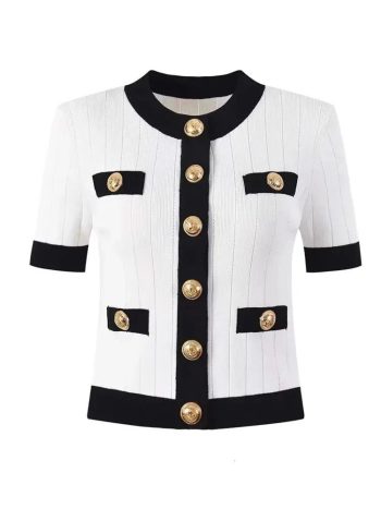 Elegante Suéter De Punto Vintage Botones De Oro Para Mujeres Cardigans Tops Summer Manga Corta O-Neck Fashion Elegant Knitwear 240708