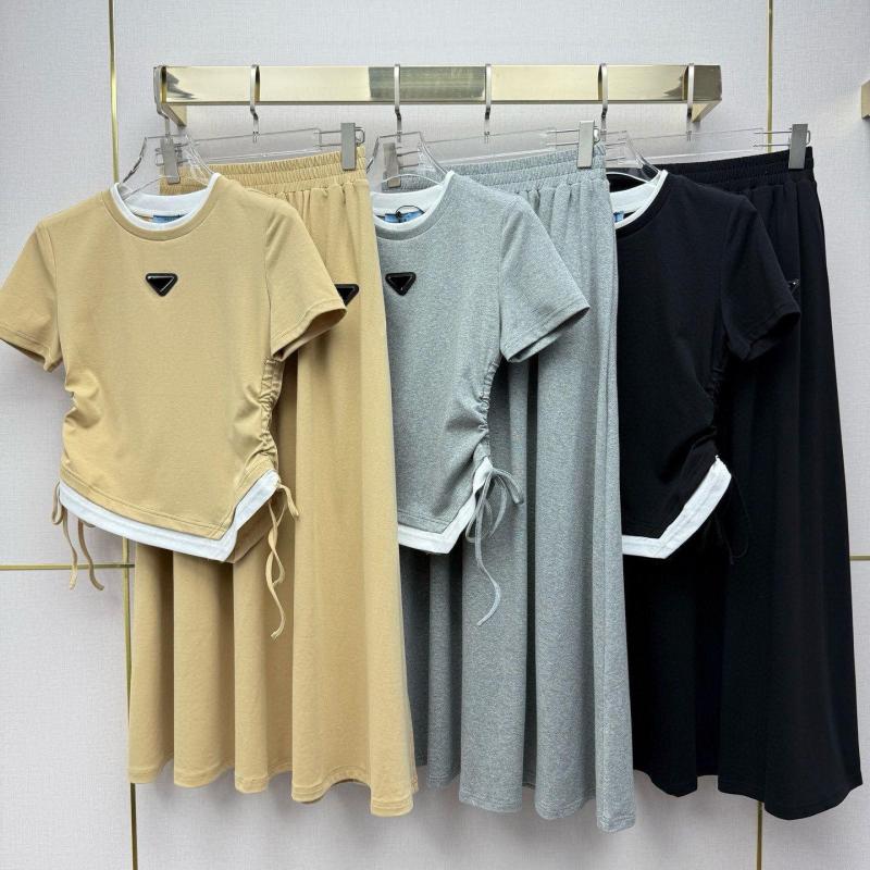 Estilo De Diseñador, Camiseta De Dos Piezas Con Cordón De Manga Corta Para Mujer, Top De Una Línea, Falda Larga, Conjunto Informal De Dos Piezas De Verano, Cordones Laterales Ajustables