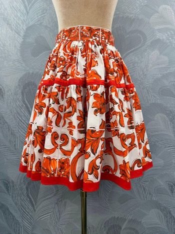 Falda 100% Algodón De Verano Para Mujer, Vestido Medio Imperio Con Estampado De Porcelana Naranja A La Moda, Expansión Por Encima De La Rodilla, Dulce Chica