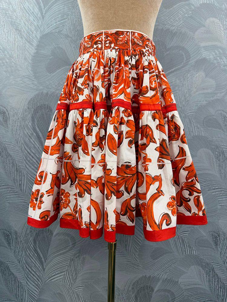 Falda 100% Algodón De Verano Para Mujer, Vestido Medio Imperio Con Estampado De Porcelana Naranja A La Moda, Expansión Por Encima De La Rodilla, Dulce Chica - Imagen 2