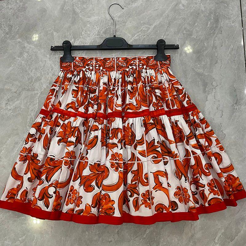 Falda 100% Algodón De Verano Para Mujer, Vestido Medio Imperio Con Estampado De Porcelana Naranja A La Moda, Expansión Por Encima De La Rodilla, Dulce Chica - Imagen 3