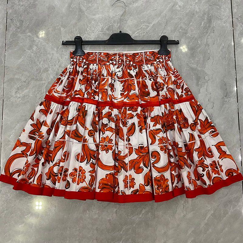 Falda 100% Algodón De Verano Para Mujer, Vestido Medio Imperio Con Estampado De Porcelana Naranja A La Moda, Expansión Por Encima De La Rodilla, Dulce Chica - Imagen 4