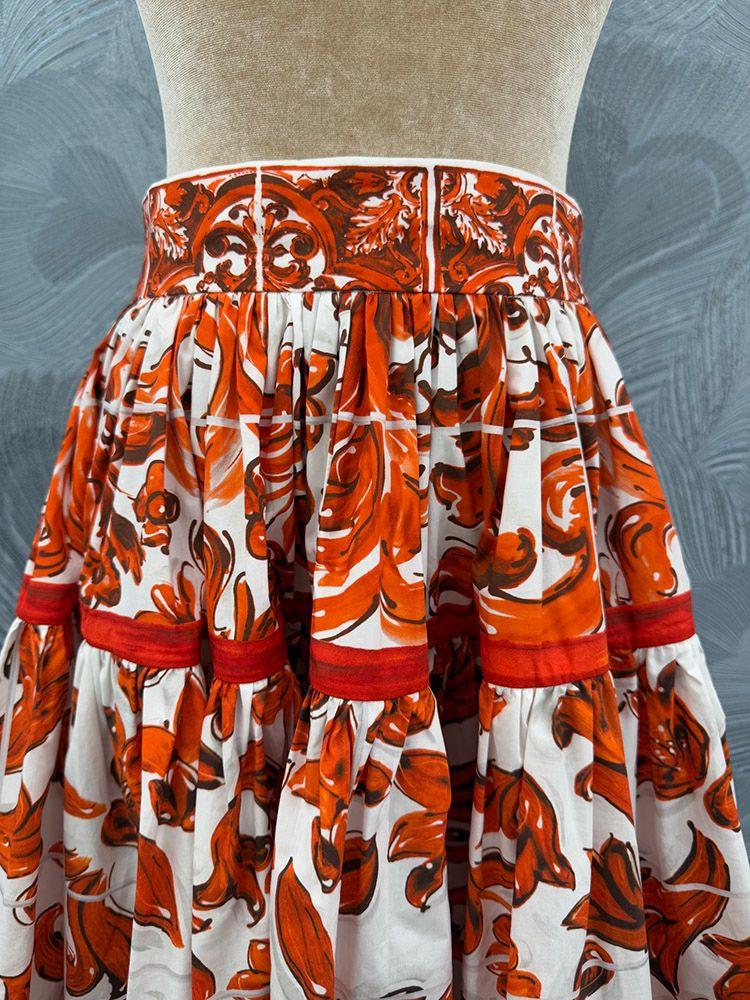 Falda 100% Algodón De Verano Para Mujer, Vestido Medio Imperio Con Estampado De Porcelana Naranja A La Moda, Expansión Por Encima De La Rodilla, Dulce Chica - Imagen 5