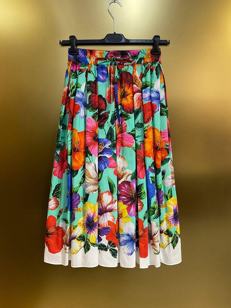 Falda Clásica Con Estampado Floral Para Mujer, 100% Algodón, Cintura Elástica, Vendaje, Medio Vestido De Expansión Imperial Para Vacaciones En La Playa Y Verano
