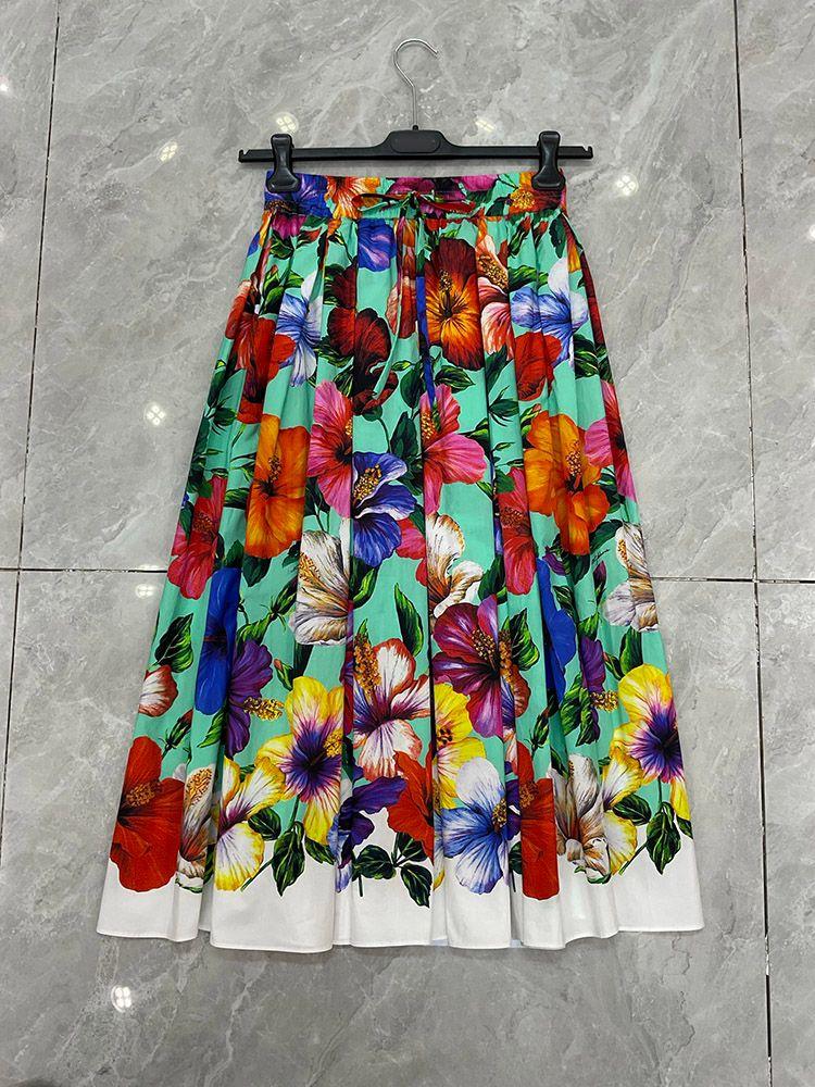 Falda Clásica Con Estampado Floral Para Mujer, 100% Algodón, Cintura Elástica, Vendaje, Medio Vestido De Expansión Imperial Para Vacaciones En La Playa Y Verano - Imagen 2
