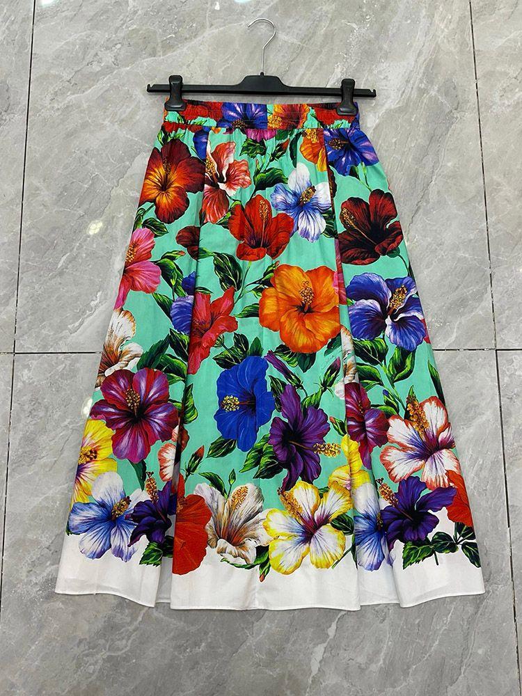 Falda Clásica Con Estampado Floral Para Mujer, 100% Algodón, Cintura Elástica, Vendaje, Medio Vestido De Expansión Imperial Para Vacaciones En La Playa Y Verano - Imagen 3