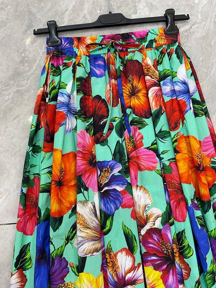 Falda Clásica Con Estampado Floral Para Mujer, 100% Algodón, Cintura Elástica, Vendaje, Medio Vestido De Expansión Imperial Para Vacaciones En La Playa Y Verano - Imagen 4