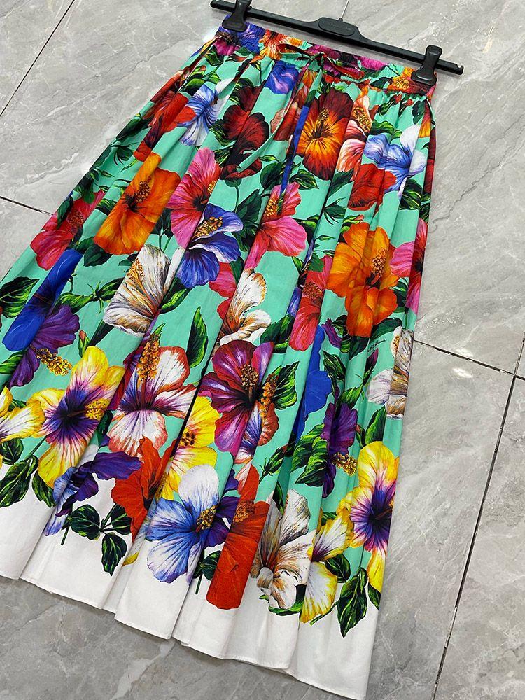 Falda Clásica Con Estampado Floral Para Mujer, 100% Algodón, Cintura Elástica, Vendaje, Medio Vestido De Expansión Imperial Para Vacaciones En La Playa Y Verano - Imagen 5