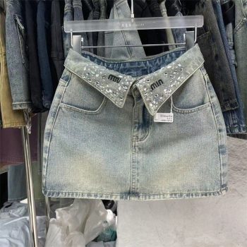 Falda De Mezclilla De Verano Para Mujer, Mini Falda Corta De Diseñador, Cintura Alta Color Azul Claro