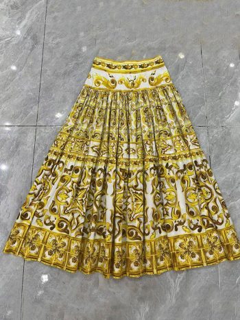 Falda De Mujeres De La Calle 100% Algodón Amarillo De Porcelana Impresión De Flores De La Mitad De Vestir