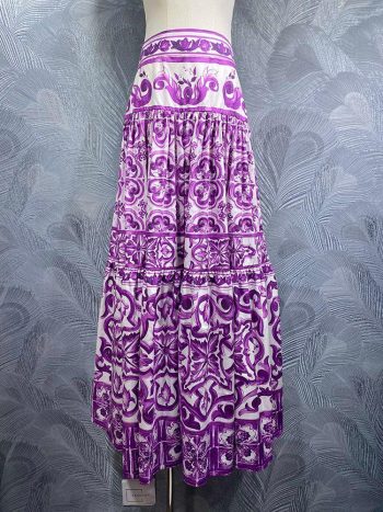 Falda Vintage De Mujeres 100% Algodón Morado De Porcelana Impresión De Flores De La Mitad De Vestir