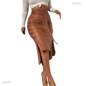 Faldas Falda Midi Dividida Con Botones, Ceñida Al Cuerpo, De Piel Sintética, Para Otoño E Invierno
