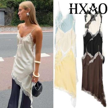 Hxao Slip Para Mujer Sin Mangas De Encaje Negro Mujer Vestidos De Fiesta Elegantes Asimétricos Vestido Amarillo Satinado Sin Espalda Sexy