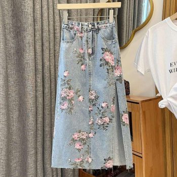 Mardi Hefxessdr Falda Midi Versátil Adelgazante Con Estampado Vaquero Dividido Para Mujer Falda Envolvente De Talla Grande De Longitud Media Primavera Verano Nueva Llegada