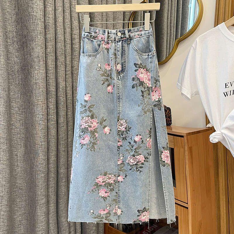 Mardi Hefxessdr Falda Midi Versátil Adelgazante Con Estampado Vaquero Dividido Para Mujer Falda Envolvente De Talla Grande De Longitud Media Primavera Verano Nueva Llegada