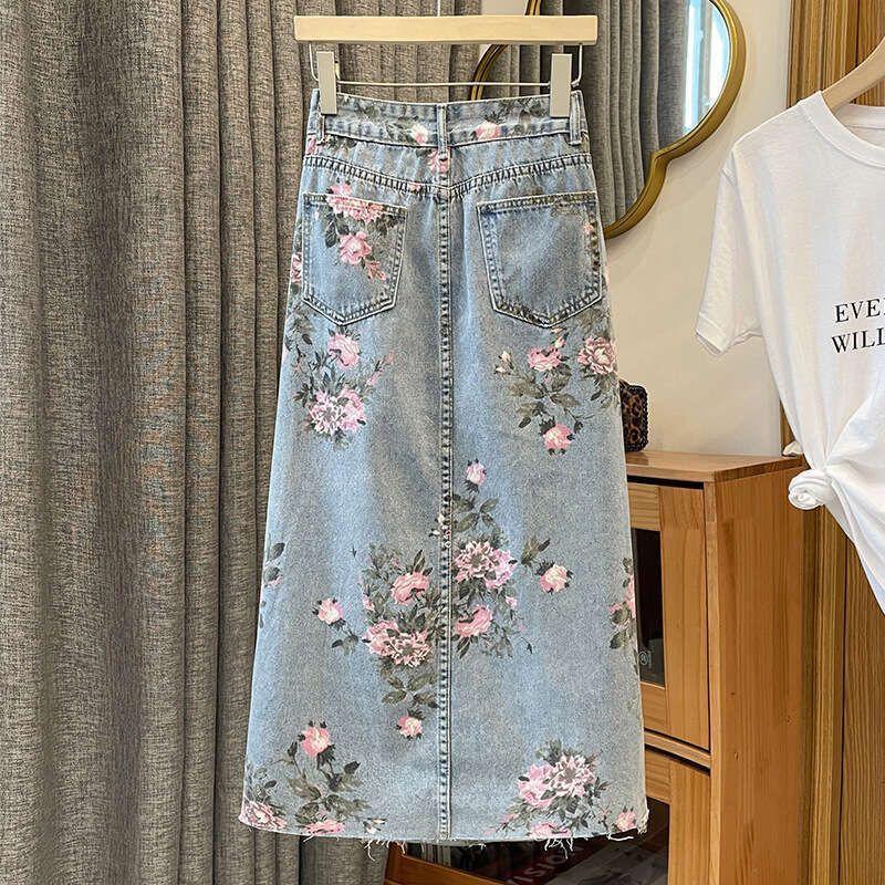 Mardi Hefxessdr Falda Midi Versátil Adelgazante Con Estampado Vaquero Dividido Para Mujer Falda Envolvente De Talla Grande De Longitud Media Primavera Verano Nueva Llegada - Imagen 4