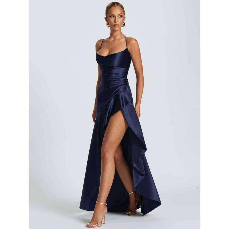 Mozision Satén Spaghetti Strap Ruffle Sexy Maxi Mujeres Fuera Del Hombro Sin Mangas Espalda Descubierta Muslo Alto Split Club Vestido De Fiesta - Imagen 3