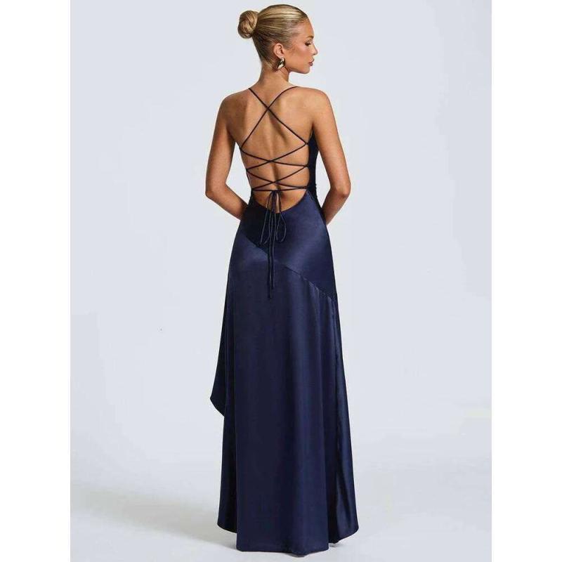 Mozision Satén Spaghetti Strap Ruffle Sexy Maxi Mujeres Fuera Del Hombro Sin Mangas Espalda Descubierta Muslo Alto Split Club Vestido De Fiesta - Imagen 4