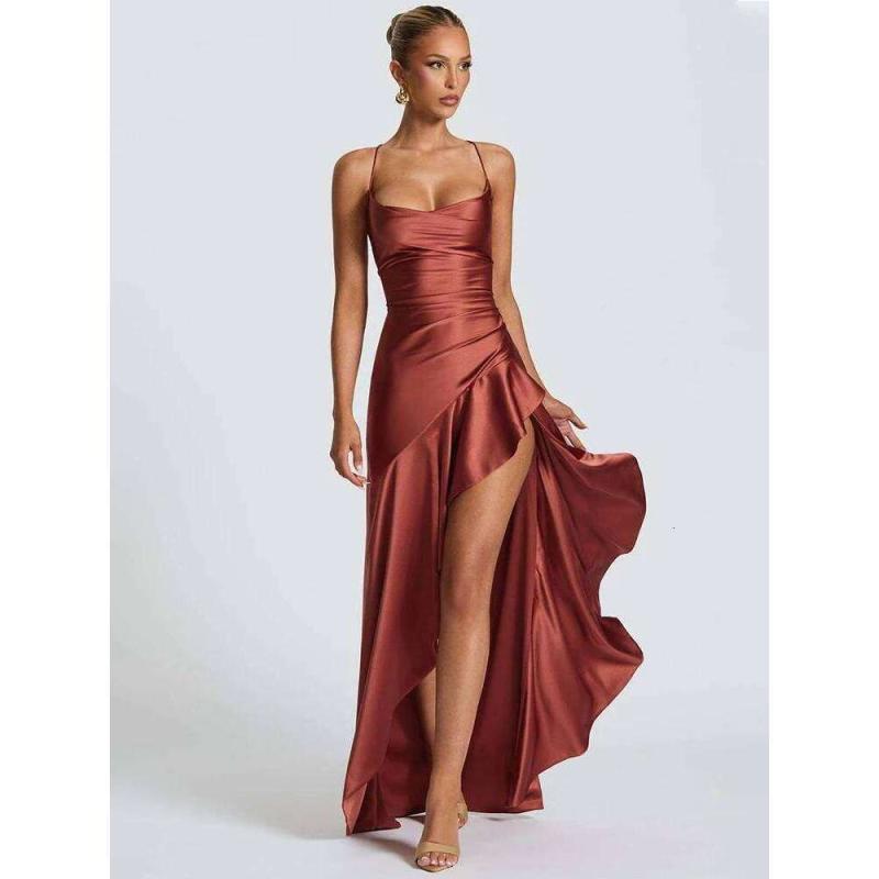 Mozision Satén Spaghetti Strap Ruffle Sexy Maxi Mujeres Fuera Del Hombro Sin Mangas Espalda Descubierta Muslo Alto Split Club Vestido De Fiesta - Imagen 5