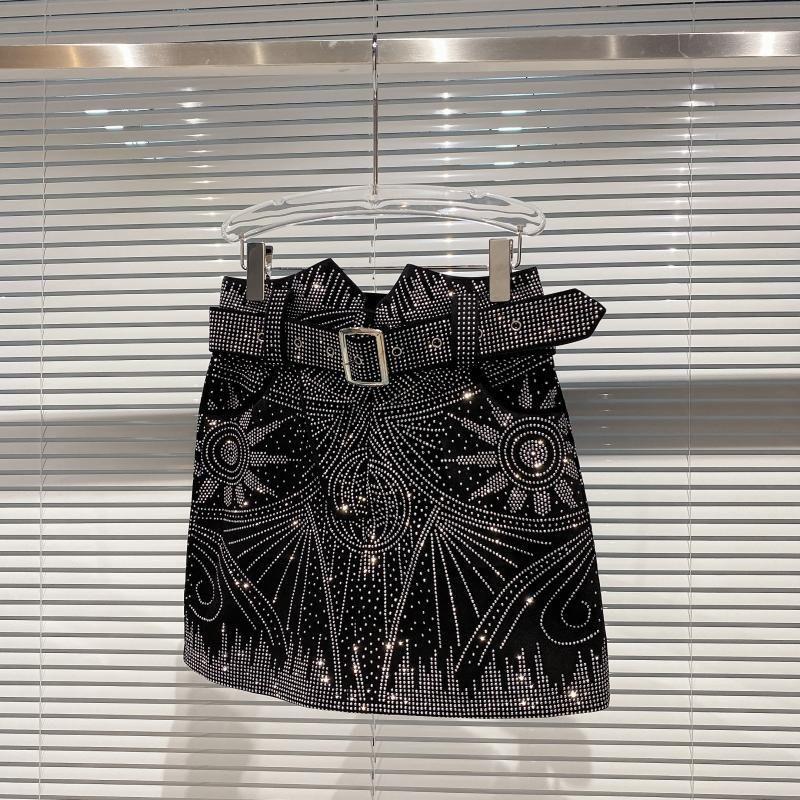 Otoño Invierno Nuevas Llegadas Diamantes De Imitación Decoración Negro Mini Falda Corta Con Cinturón Mujer Ropa De Calle - Imagen 3