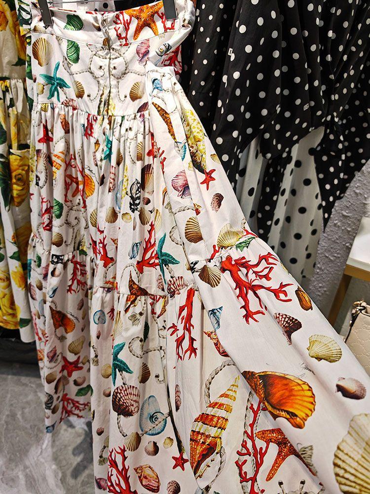Primavera Verano Mujer 100% Falda De Algodón Fiesta Vacaciones Imperio Medio Vestido Moda Océanos Impresión Expansión - Imagen 2