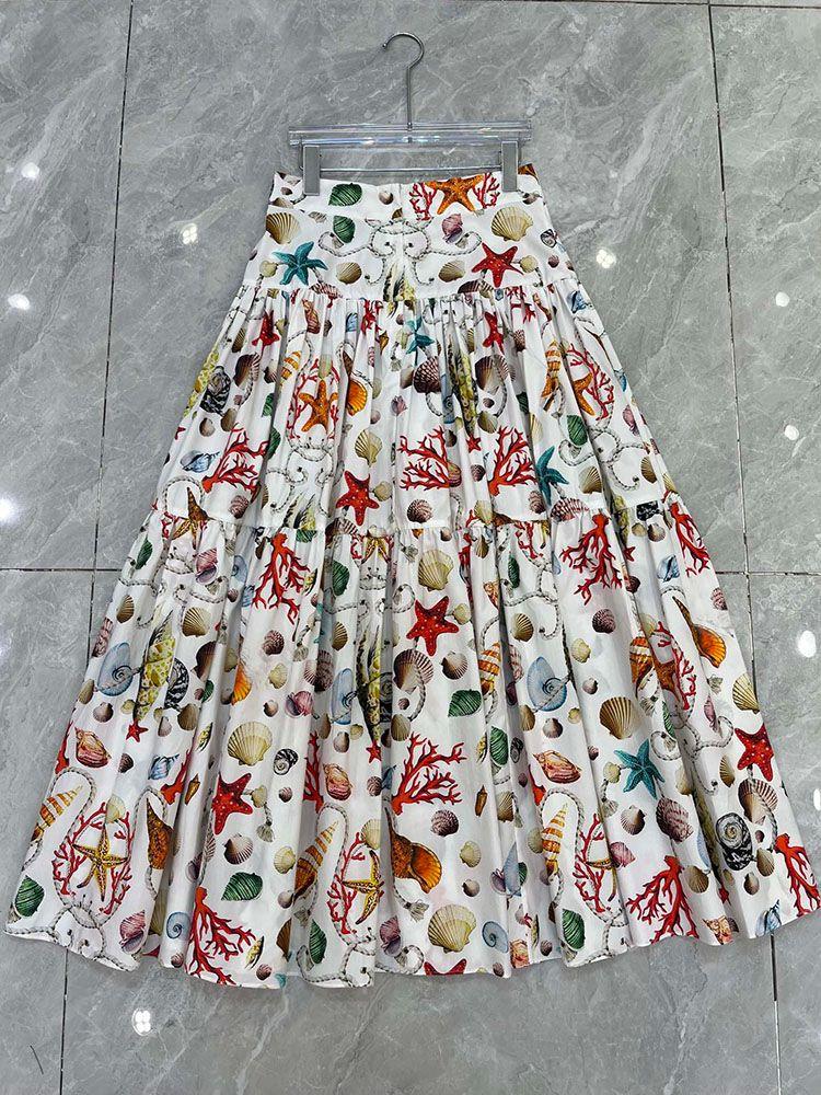 Primavera Verano Mujer 100% Falda De Algodón Fiesta Vacaciones Imperio Medio Vestido Moda Océanos Impresión Expansión - Imagen 3