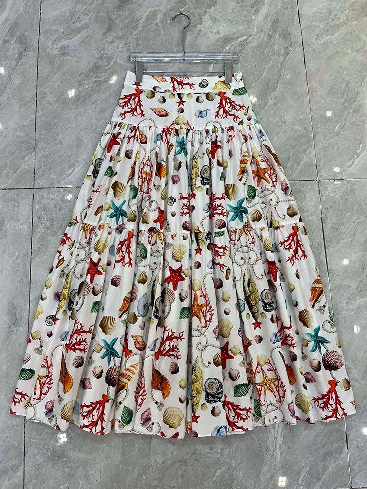 Primavera Verano Mujer 100% Falda De Algodón Fiesta Vacaciones Imperio Medio Vestido Moda Océanos Impresión Expansión - Imagen 4