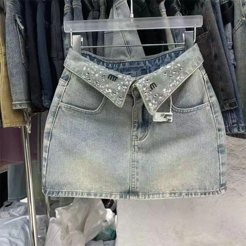 Sasa Bfg2501206 Falda Vaquera Azul Claro Cuello En V Alta Cintura Mini Diamantes Verano Primavera Chica Moderna
