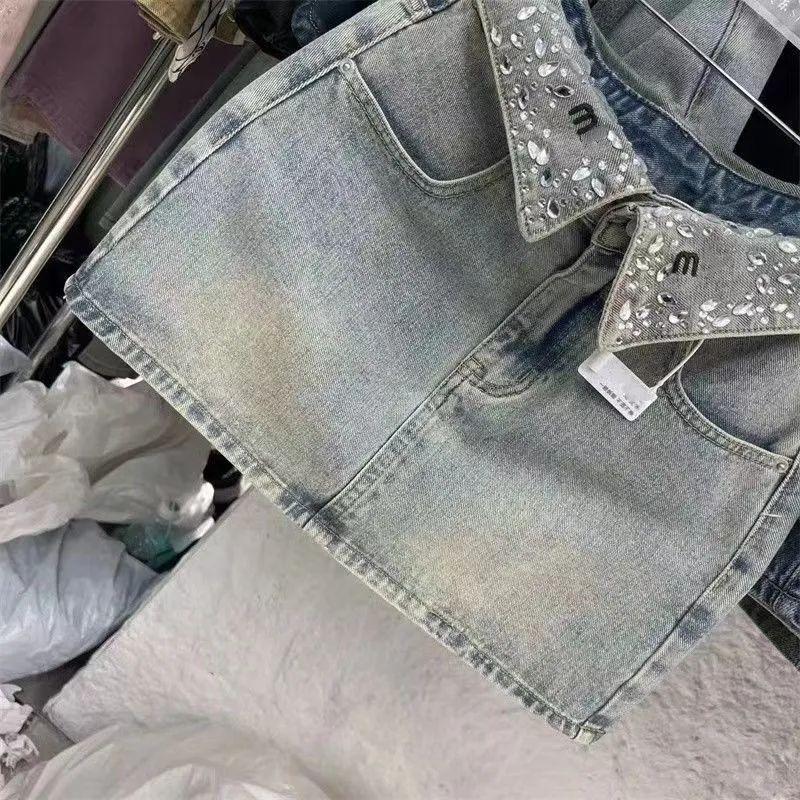 Sasa Bfg2501206 Falda Vaquera Azul Claro Cuello En V Alta Cintura Mini Diamantes Verano Primavera Chica Moderna - Imagen 2