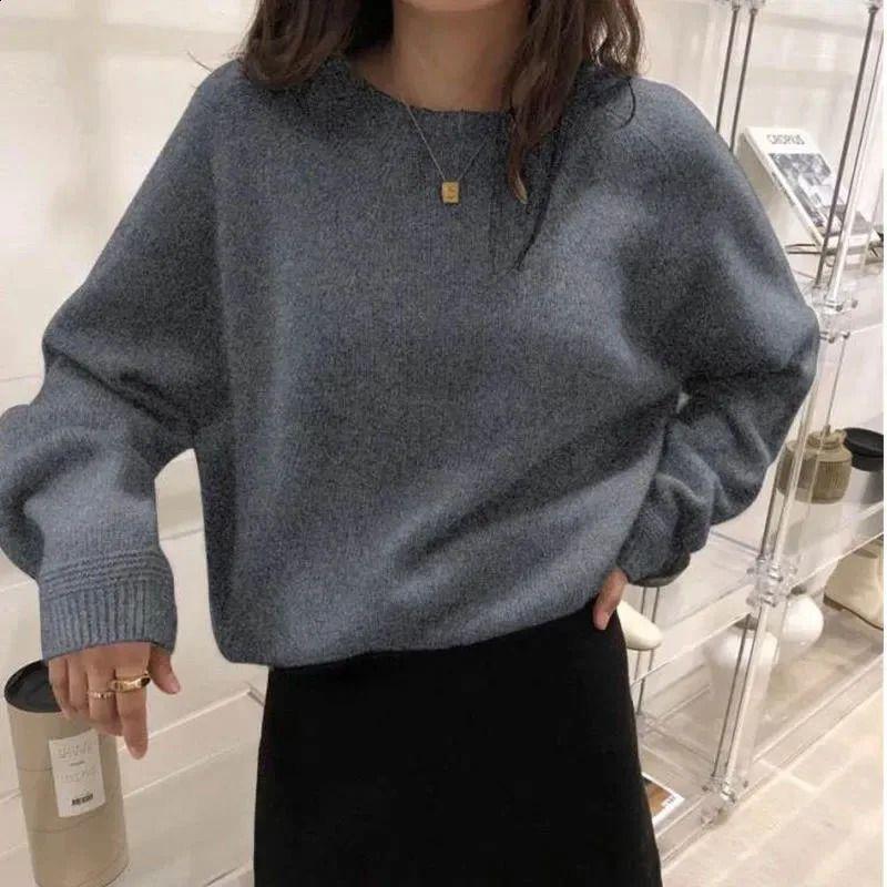 Suéter De Cachemira Cálido Y Grueso Para Mujer, Jersey De Punto Liso Y Sencillo Con Cuello Redondo, Básico Suelto, Harajuku - Imagen 2