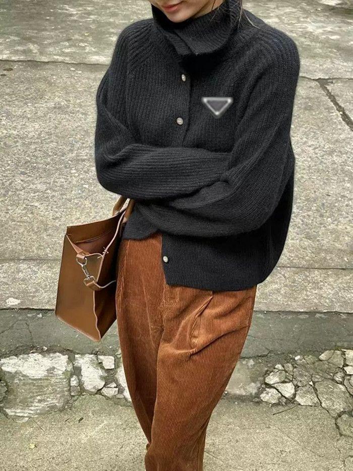 Suéter De Diseñador, Suéter De Mujer De Diseño Retro, Cárdigan De Punto De Color Sólido Suelto De Un Solo Pecho Para Mujer - Imagen 4