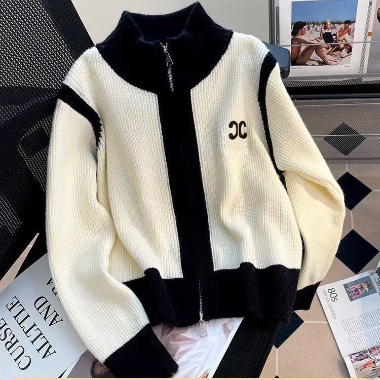 Suéter Para Mujer Diseñador Cardigan De Punto Chaqueta De Lujo Tops Otoño Invierno Abrigo Bordado Stand Up Collar Color Bloqueado Suéter De Manga Larga
